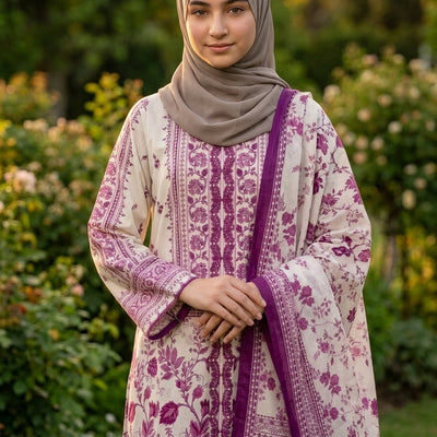 Cream with  Magenta Contrast Printed Lawn Suit – Premium Quality