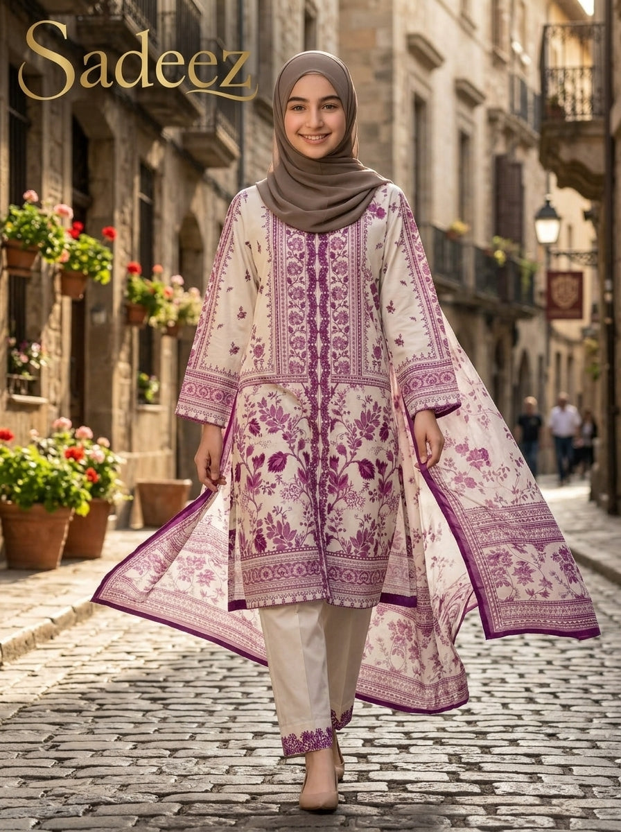 Cream with  Magenta Contrast Printed Lawn Suit – Premium Quality