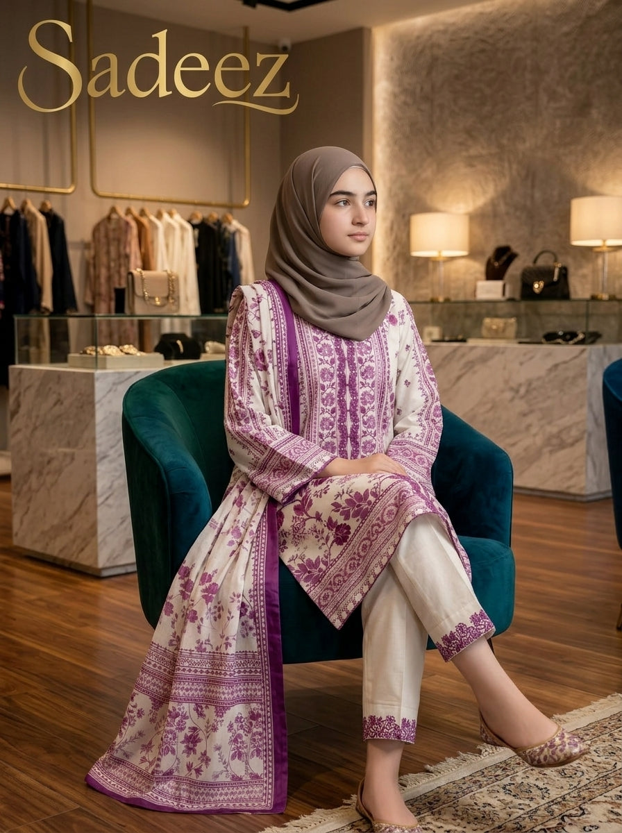 Cream with  Magenta Contrast Printed Lawn Suit – Premium Quality