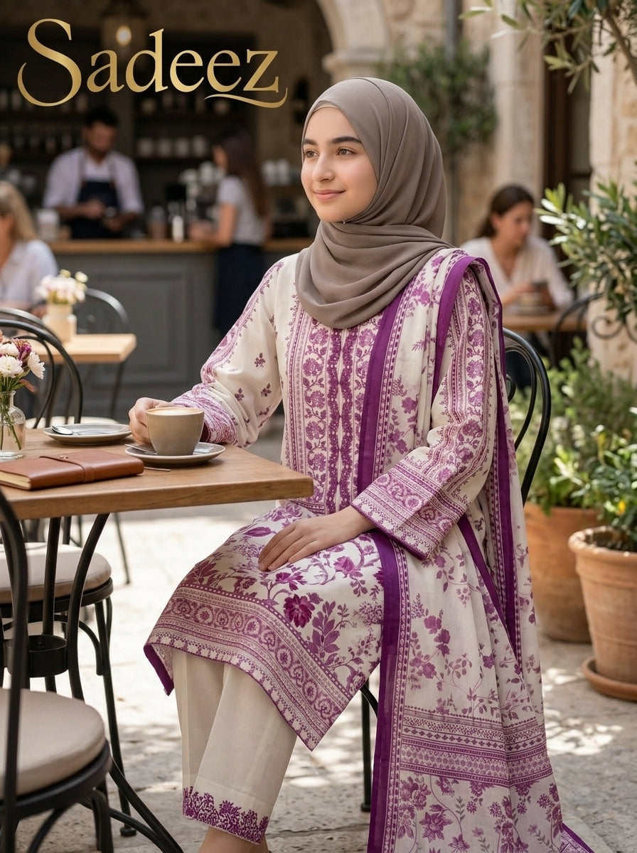 Cream with  Magenta Contrast Printed Lawn Suit – Premium Quality