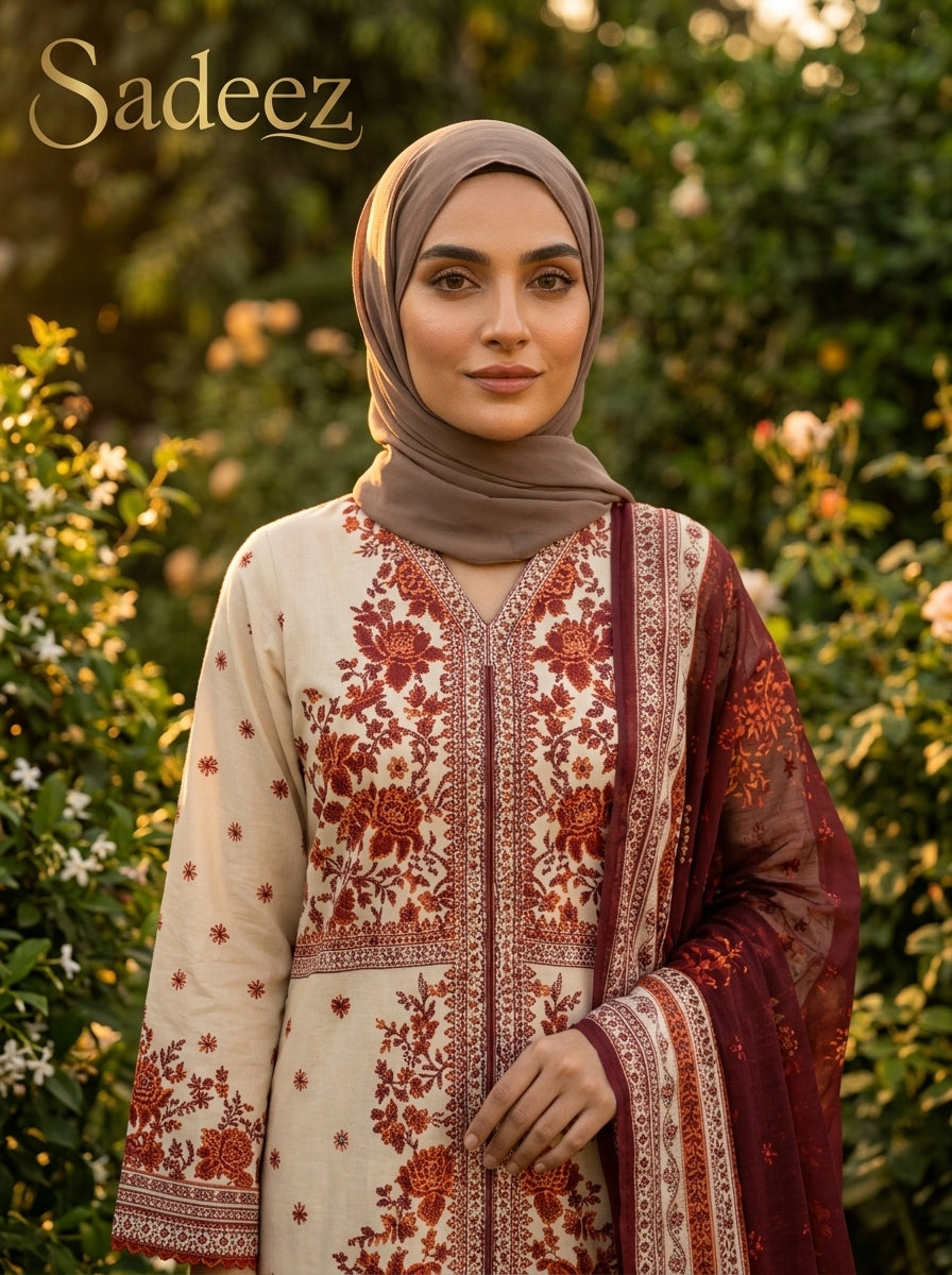 Creem with Burnt Orange Printed Lawn Suit – Premium Quality | Free Delivery Across Pakistan