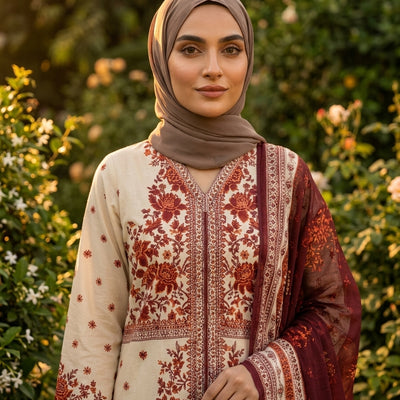Creem with Burnt Orange Printed Lawn Suit – Premium Quality | Free Delivery Across Pakistan