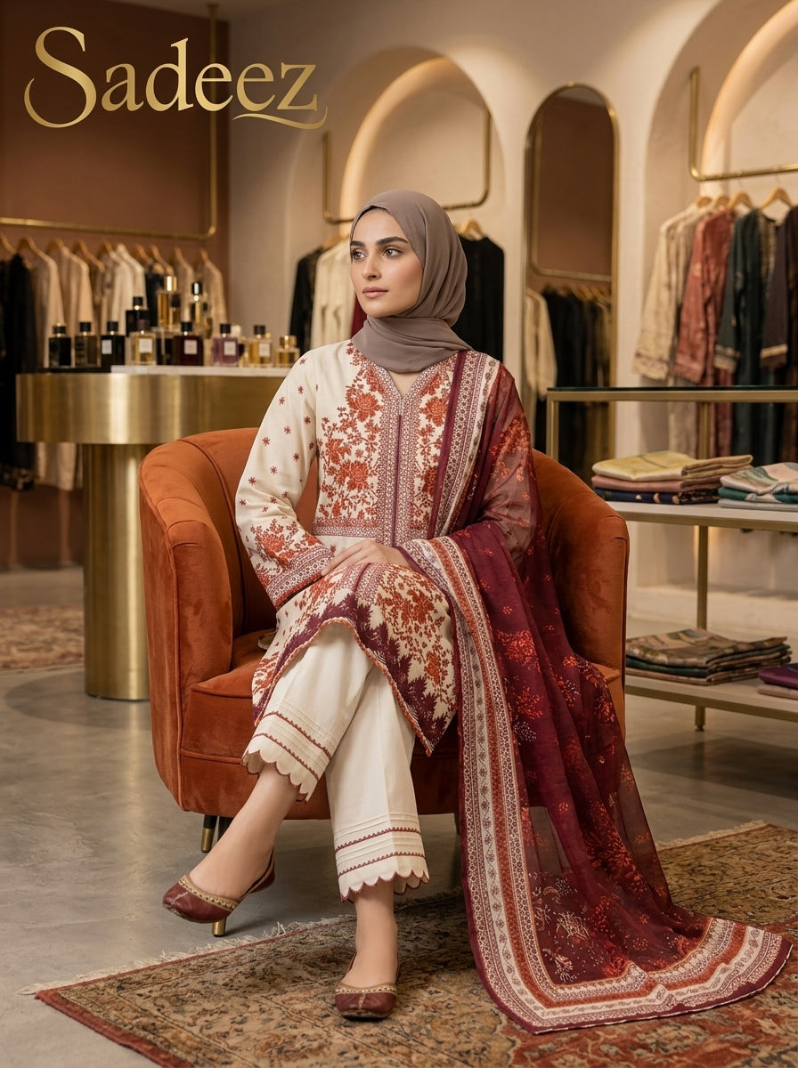 Creem with Burnt Orange Printed Lawn Suit – Premium Quality | Free Delivery Across Pakistan