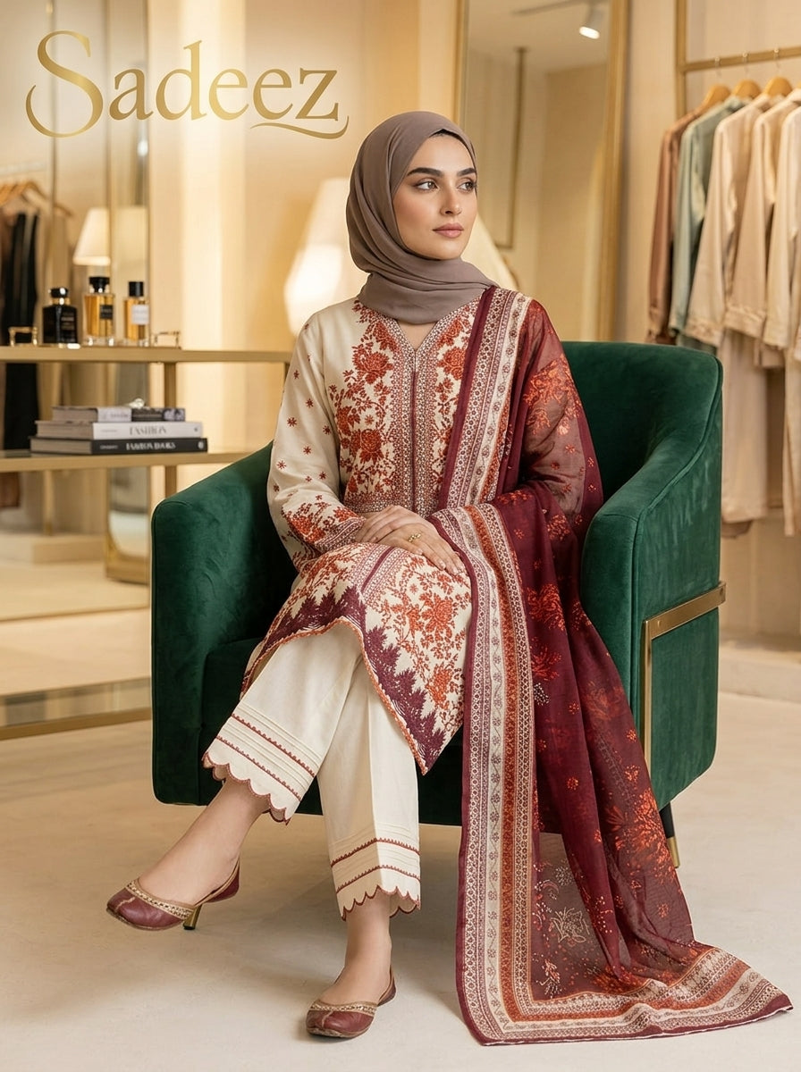 Creem with Burnt Orange Printed Lawn Suit – Premium Quality | Free Delivery Across Pakistan