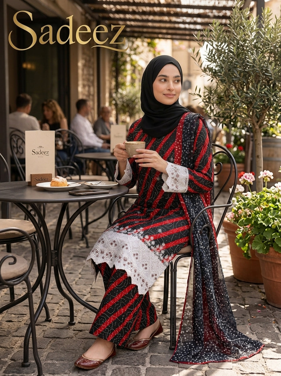 Ready to wear Red and black color with white patch work Printed Lawn Suit – Premium Quality | Free Delivery Across Pakistan