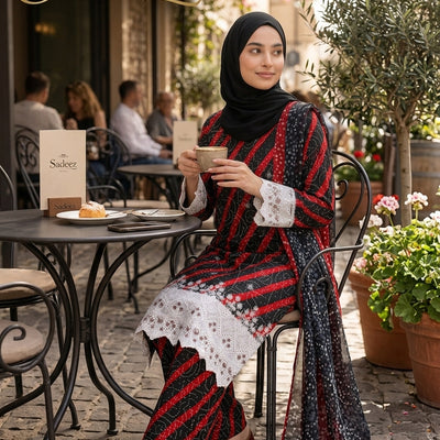 Ready to wear Red and black color with white patch work Printed Lawn Suit – Premium Quality | Free Delivery Across Pakistan