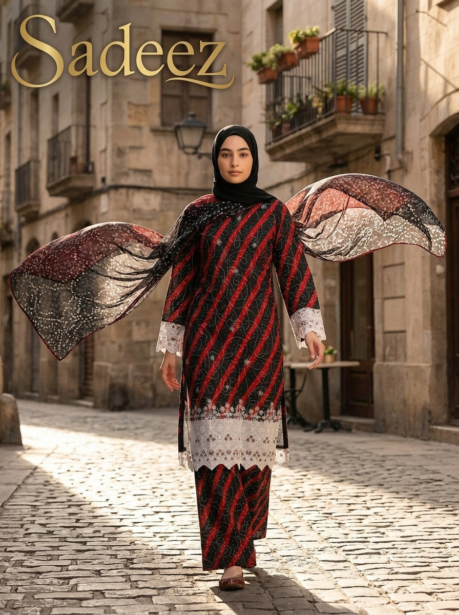 Ready to wear Red and black color with white patch work Printed Lawn Suit – Premium Quality | Free Delivery Across Pakistan