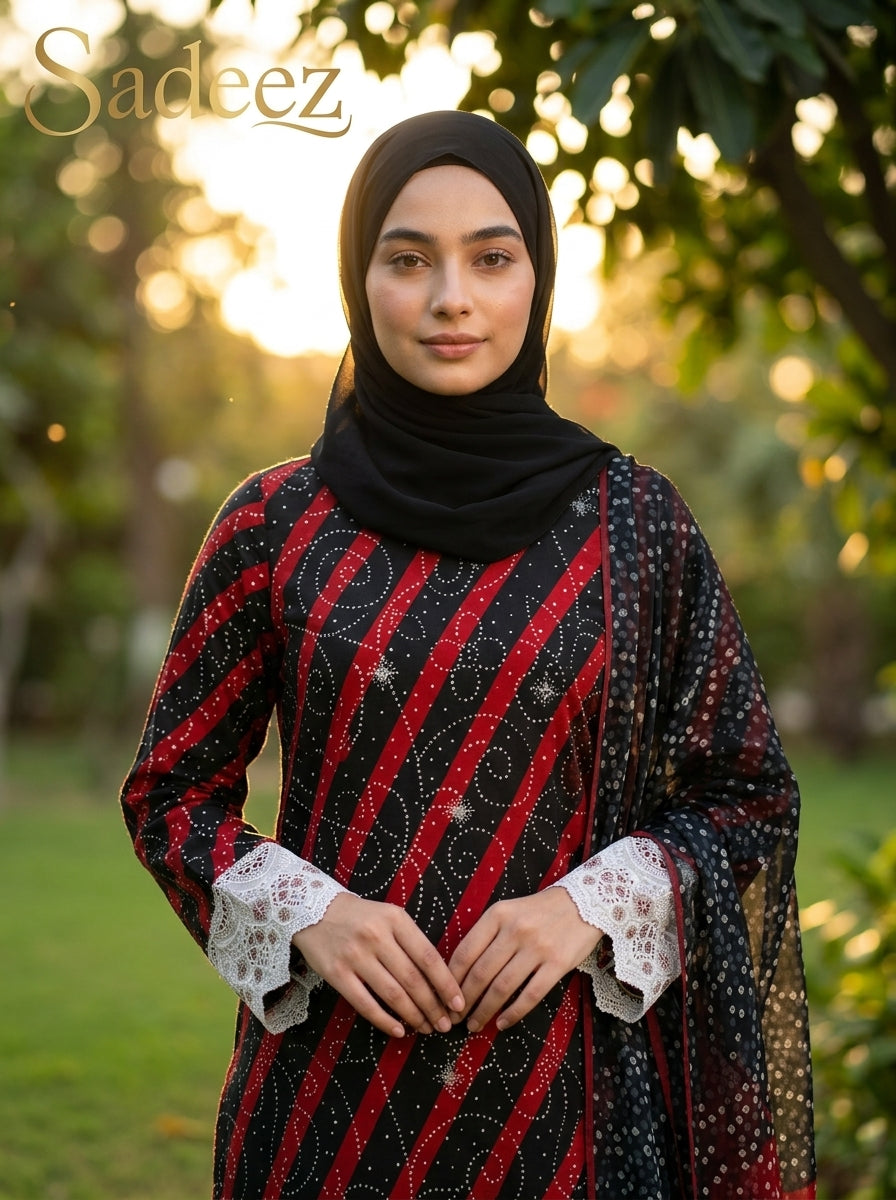 Ready to wear Red and black color with white patch work Printed Lawn Suit – Premium Quality | Free Delivery Across Pakistan