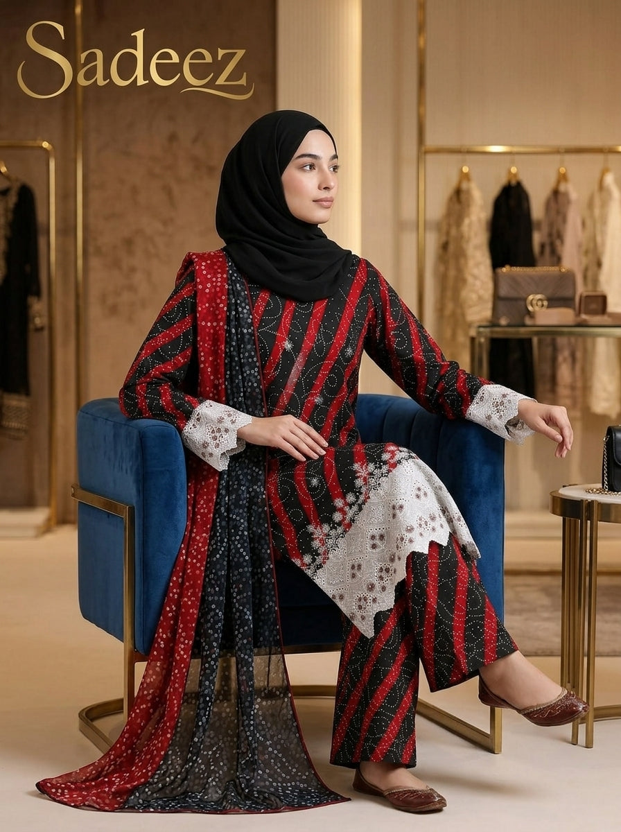 Ready to wear Red and black color with white patch work Printed Lawn Suit – Premium Quality | Free Delivery Across Pakistan