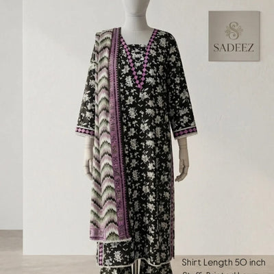 Midnight Floral Elegance – Printed Lawn Full Length Shirt Style Three-Piece Suit