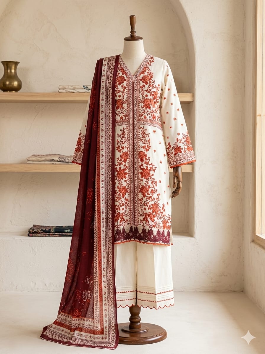 Creem with Burnt Orange Printed Lawn Suit – Premium Quality | Free Delivery Across Pakistan