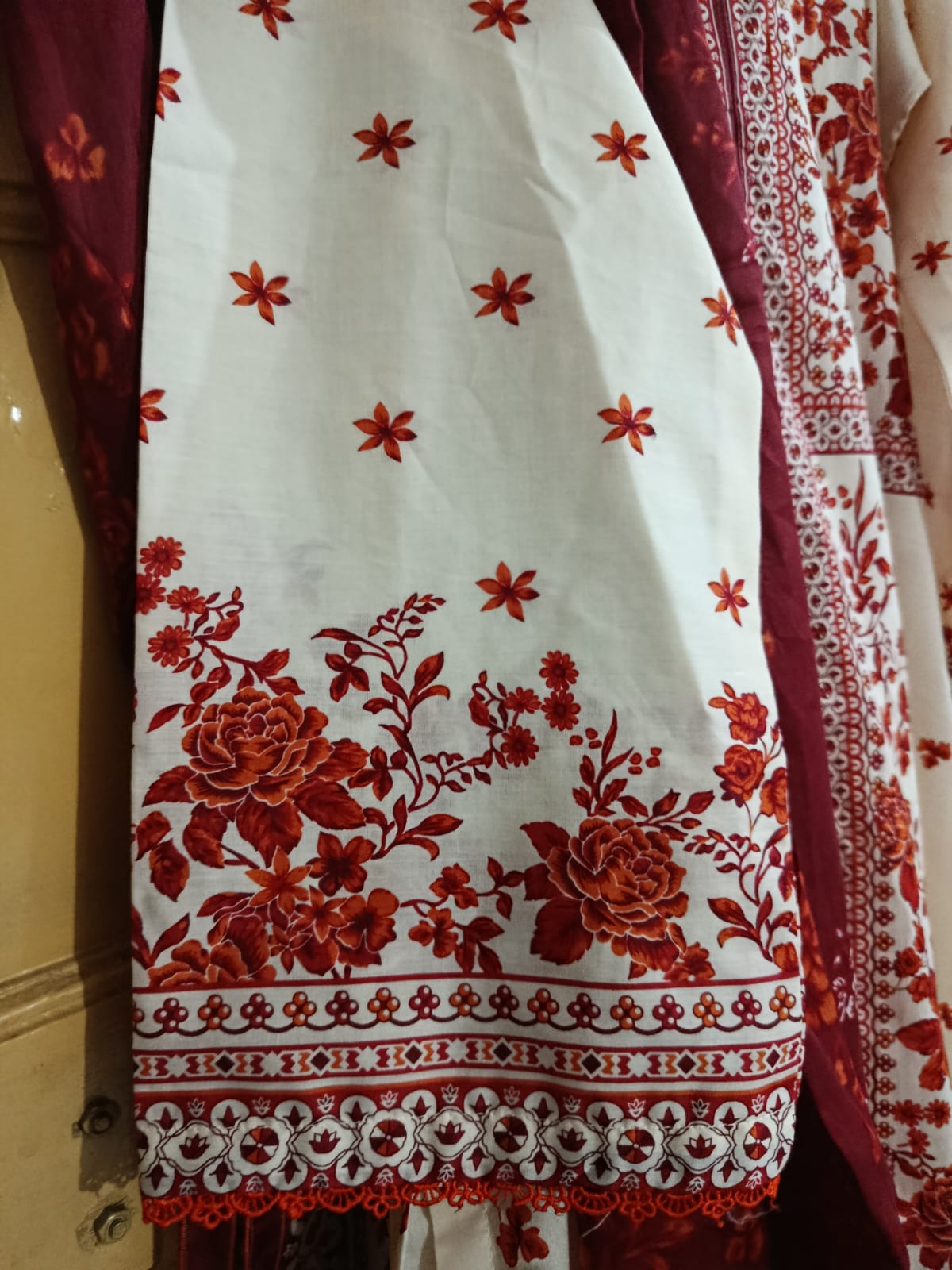Creem with Burnt Orange Printed Lawn Suit – Premium Quality | Free Delivery Across Pakistan