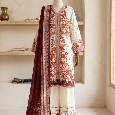 Creem with Burnt Orange Printed Lawn Suit – Premium Quality | Free Delivery Across Pakistan