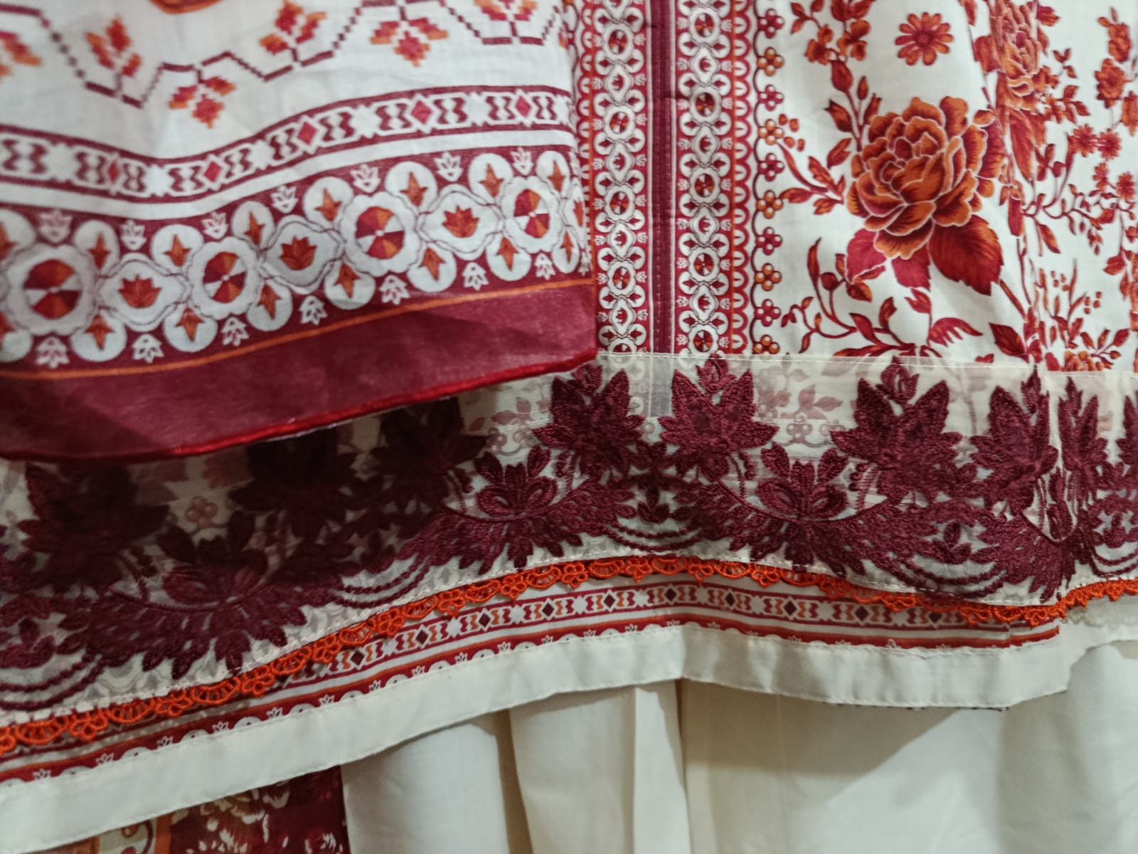 Creem with Burnt Orange Printed Lawn Suit – Premium Quality | Free Delivery Across Pakistan