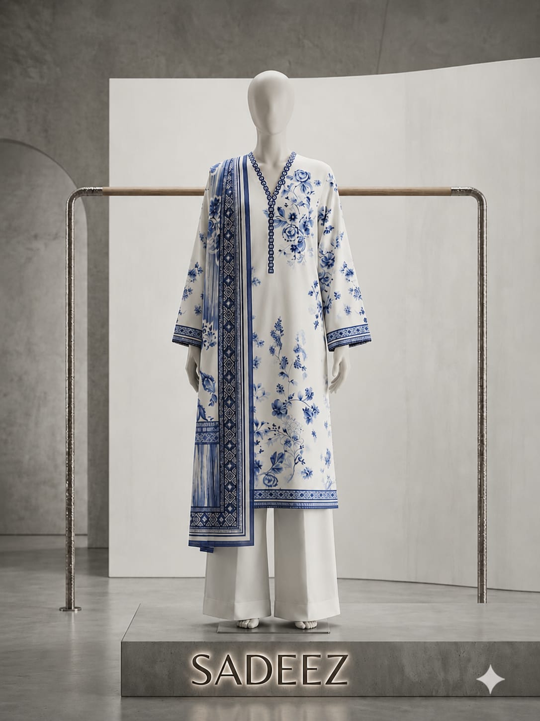 Light Pista with Blue Color Printed Lawn Suit – Premium Quality | Free Delivery Across Pakistan