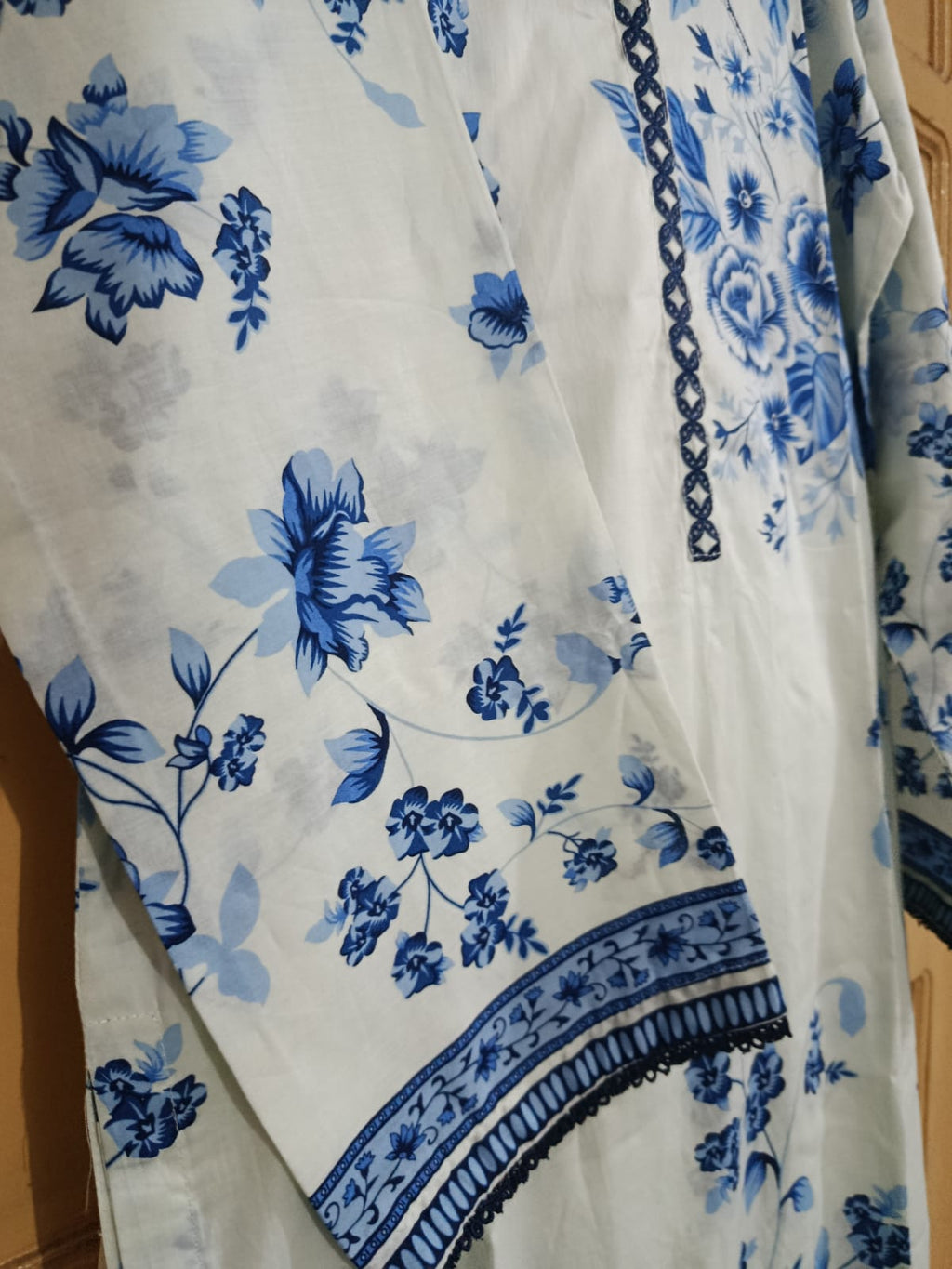 Light Pista with Blue Color Printed Lawn Suit – Premium Quality | Free Delivery Across Pakistan