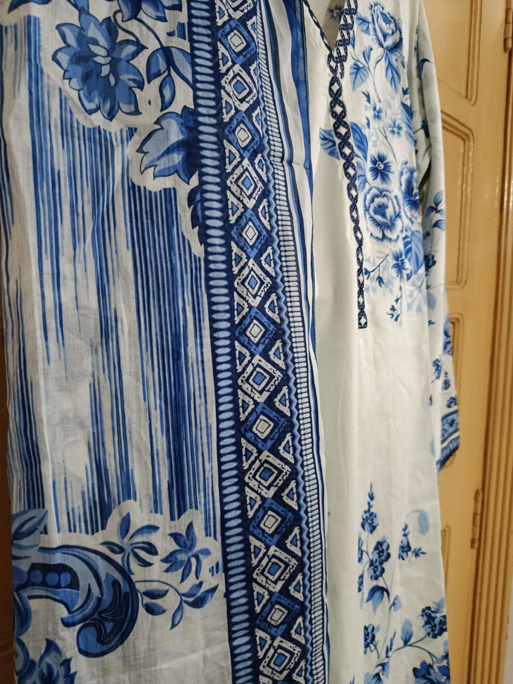 Light Pista with Blue Color Printed Lawn Suit – Premium Quality | Free Delivery Across Pakistan
