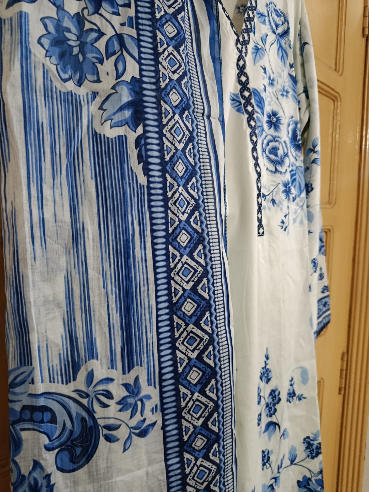 Light Pista with Blue Color Printed Lawn Suit – Premium Quality | Free Delivery Across Pakistan