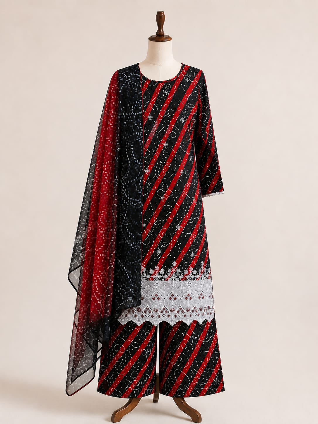 Red and black color with white patch work Printed Lawn Suit – Premium Quality | Free Delivery Across Pakistanv