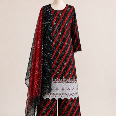 Red and black color with white patch work Printed Lawn Suit – Premium Quality | Free Delivery Across Pakistanv