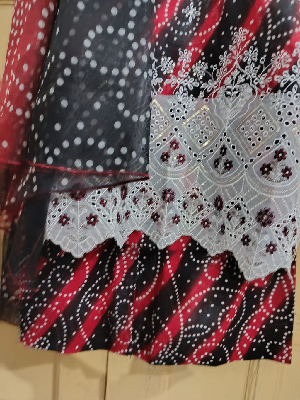 Red and black color with white patch work Printed Lawn Suit – Premium Quality | Free Delivery Across Pakistanv