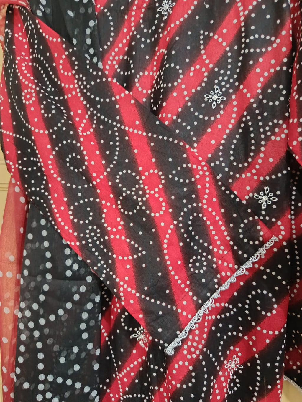 Red and black color with white patch work Printed Lawn Suit – Premium Quality | Free Delivery Across Pakistanv