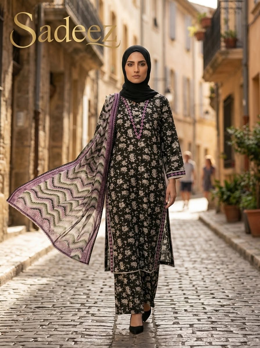 Black Printed Lawn Suit