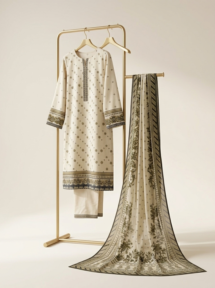 Cream Printed Lawn Suit