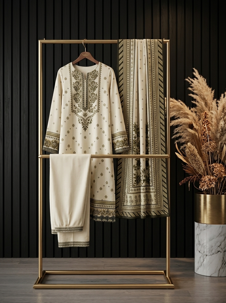 Cream Printed Lawn Suit - Premium Quality - Image 3