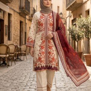 Cream with Magenta Contrast Printed Lawn Suit - Premium Quality
