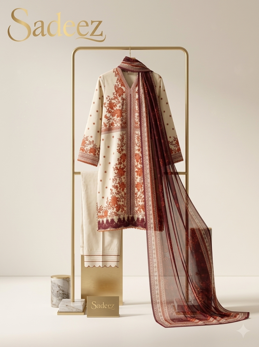 Cream with Magenta Contrast Printed Lawn Suit - Premium Quality - Image 2