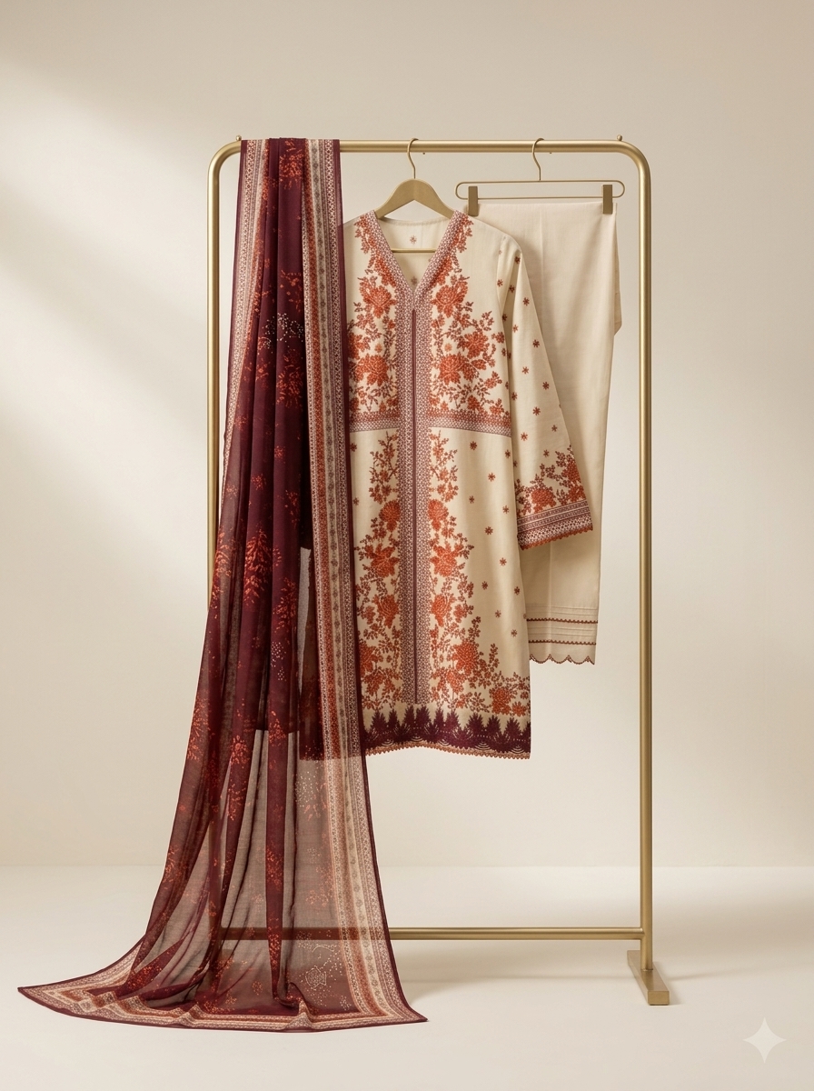 Cream with Magenta Contrast Printed Lawn Suit - Premium Quality - Image 3