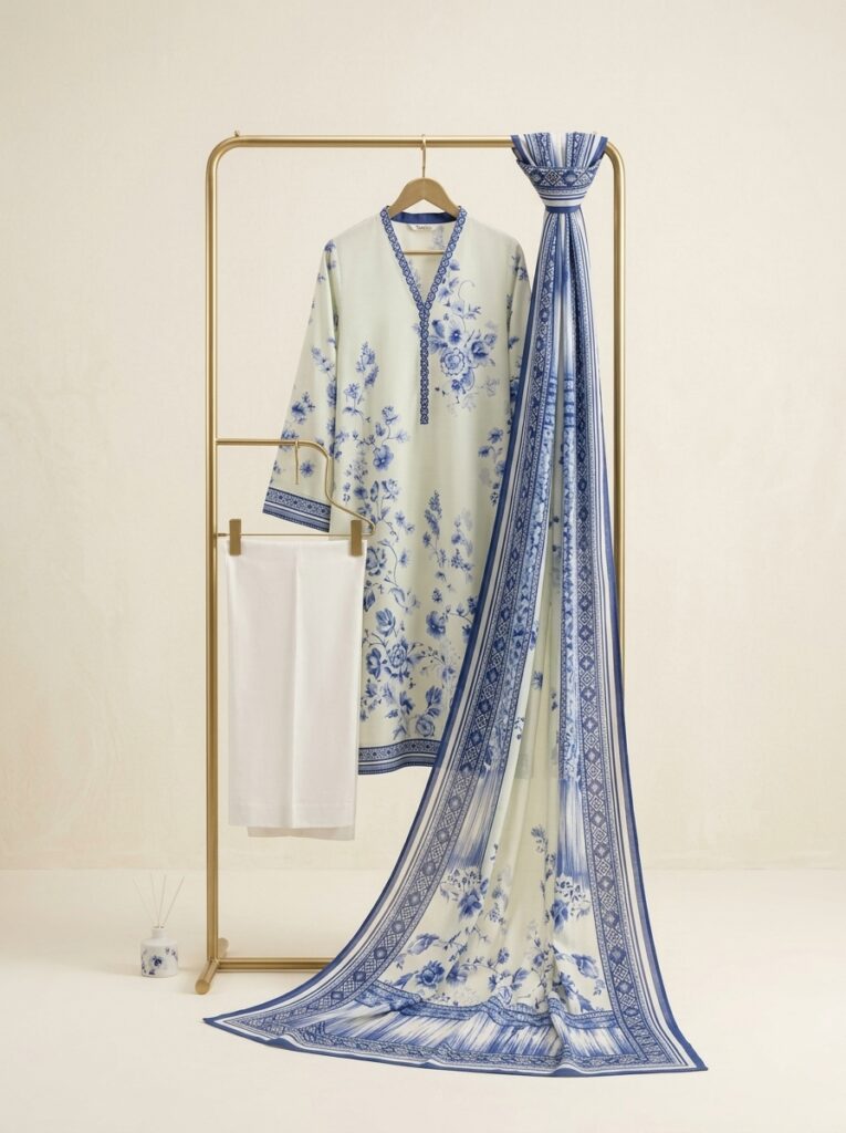 Light Pista with Blue Printed Lawn Suit - Premium Quality