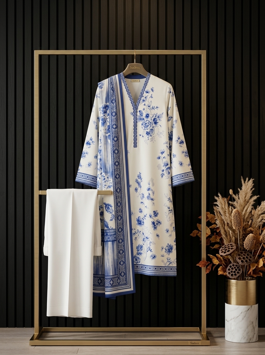 Light Pista with Blue Printed Lawn Suit - Premium Quality - Image 2