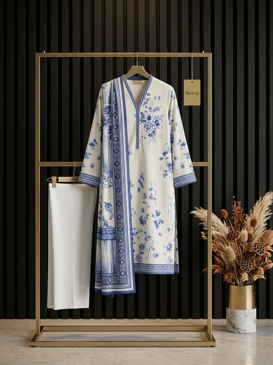 Light Pista with Blue Printed Lawn Suit - Premium Quality - Image 3
