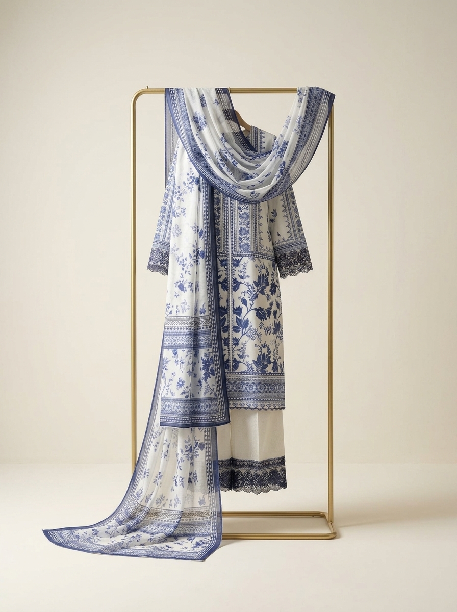 Light Pista with Blue Printed Lawn Suit - Premium Quality - Image 4