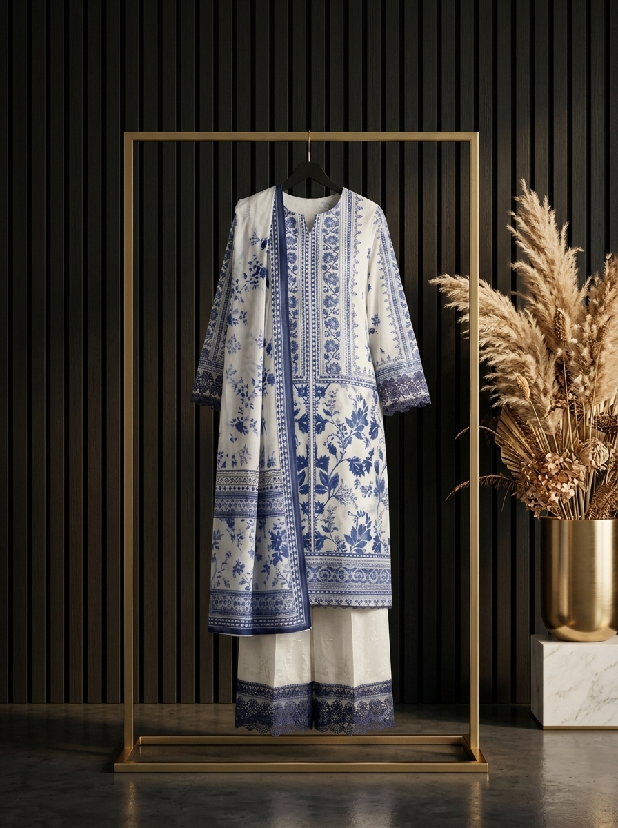 Light Pista with Blue Printed Lawn Suit - Premium Quality - Image 5