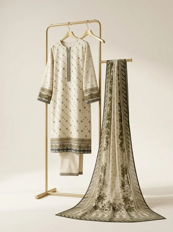 Cream Printed Lawn Suit